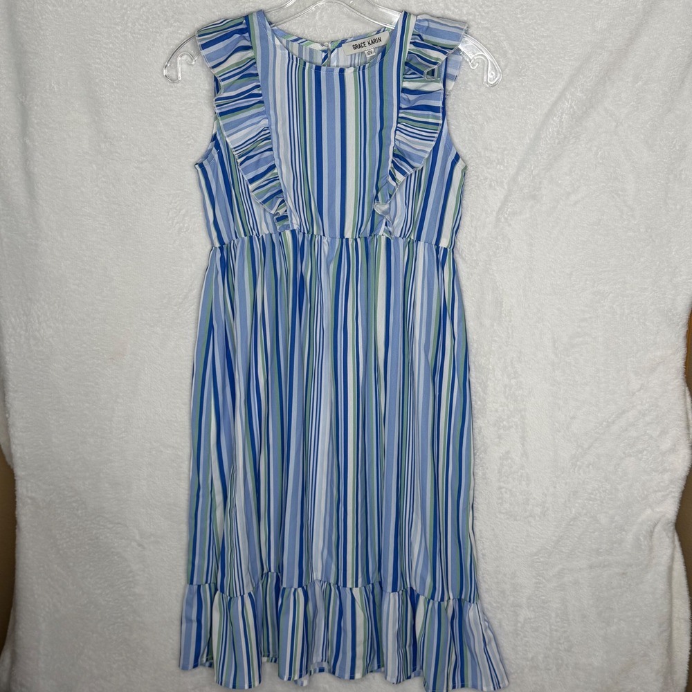 Grace Karin Girls 12Y Blue Green Striped Sleeveless Ruffle Tiered Midi Dress